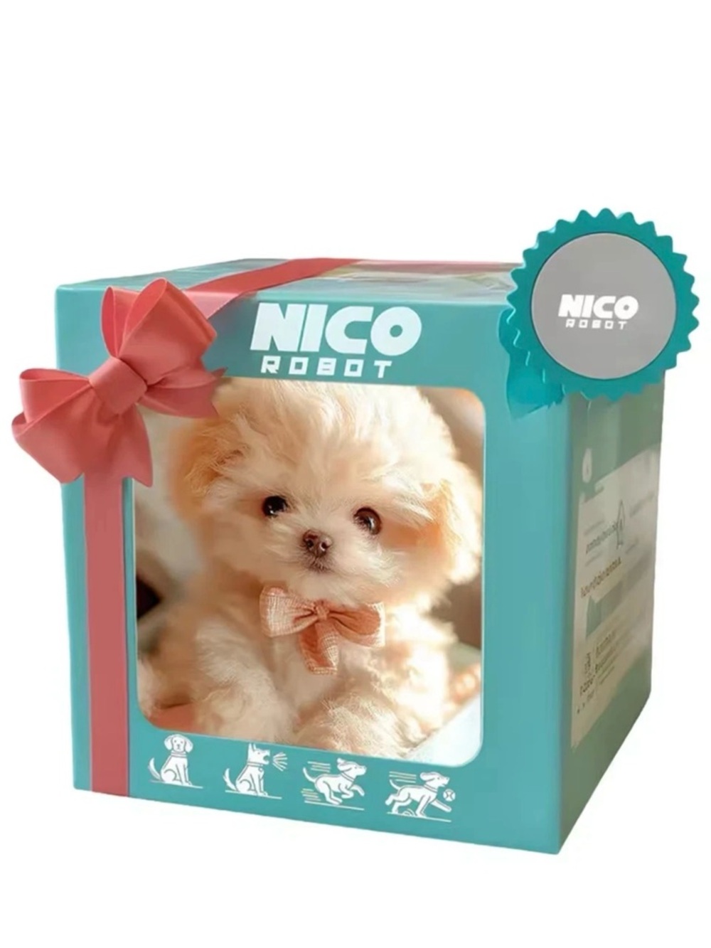 NICO Robot Plush Puppy in Teal Gift Box with Pink Bow